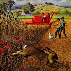 a painting of two people and a dog in a cornfield with a red harvest machine