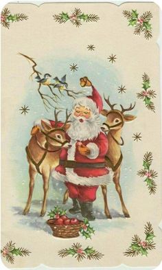 an old fashioned christmas card with santa and reindeers