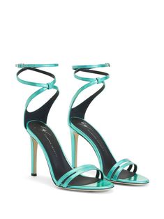 Find GIUSEPPE ZANOTTI 105mm Metallic-effect Stiletto Sandals on Editorialist. teal blue leather branded insole metallic effect double-strap design buckle-fastening ankle strap high stiletto heel Teal Sandals, Teal Heels, Aquazzura Heels, Giuseppe Zanotti Heels, Dr Shoes, Strappy Leather Sandals, Fab Shoes, Bridal Sandals, Fancy Shoes