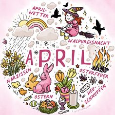 an image of the word april written in different languages and surrounded by animals, birds, flowers, and other things