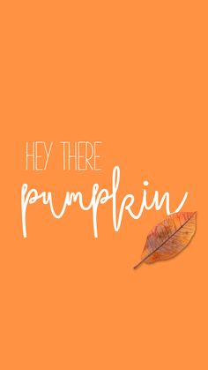 the words hey there pumpkin are written on an orange background with a single autumn leaf