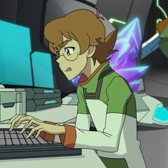 a cartoon character typing on a laptop in front of a computer screen with other characters behind him