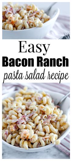 easy bacon ranch pasta salad recipe in a white bowl on a striped tablecloth with text overlay