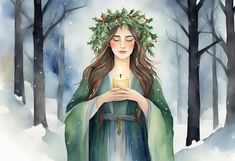 a painting of a woman holding a lit candle in the middle of a snowy forest