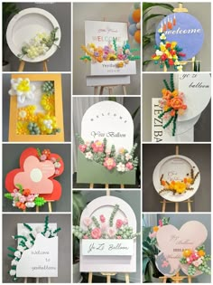 many different pictures of flowers and signs on easers with names in them, all decorated