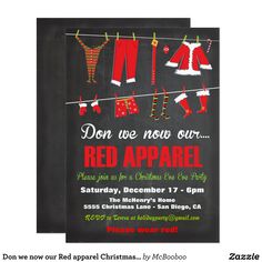 a christmas party flyer with stockings and stockings hanging from clothes on a line in front of a chalkboard background