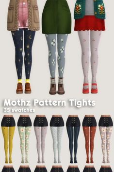 several women's tights are shown with different colors and designs on the legs