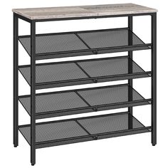 a black metal shelf with four shelves on each side and two drawers underneath the top