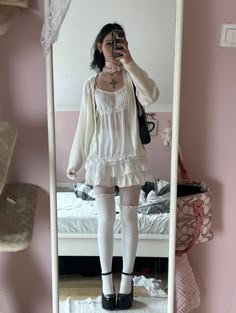 cute white doll lace outfit inspo mary janes Lacy Cardigan Outfit, White Heel Outfits, Outfits For Mary Janes, White Knit Tights Outfit, White Tights Outfit Coquette, White Nylons Outfit, Modest White Outfit, How To Style White Tights, Fits With Mary Janes