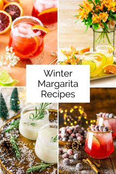 winter margarita recipes with oranges, cranberries and pine cones on the side