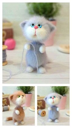 three pictures of a cat with blue eyes and one has a toy mouse in it's hand