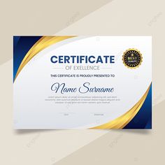 an award certificate is shown in blue and gold colors, with a circular design on the front