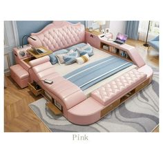 a pink bed sitting on top of a wooden floor next to a book shelf filled with books