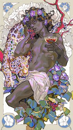 a painting of a man holding a wine glass in front of flowers and an animal