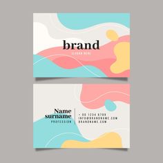 two business cards with abstract shapes and the words brand on them, both in white and pink