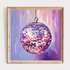 a painting of a disco ball hanging from a string on a wall in front of a purple background