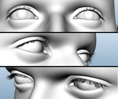 three different views of an eye with long lashes