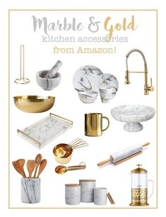 marble and gold kitchen accessories are featured in this postcard for the home decor store