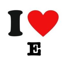 i love e with the letter e in black and red on a white background,