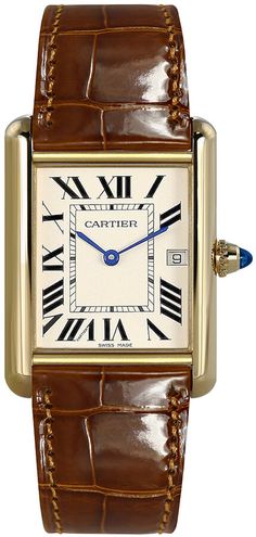 Model # W1529756 | CRW1529756 NEW CARTIER TANK LOUIS MIDSIZE YELLOW GOLD WATCH - With Manufacturer Serial Numbers - Swiss Made - Opaline Silver Dial - Roman Numeral Hour Markers - Solid 18k Yellow Gold Bezel - Date Feature Displayed at 3 O'Clock - Circular Crown Set With A Sapphire Cabochon - Sword Shaped Blue Hands - Battery Operated Quartz Movement - Cartier Calibre 057 - 3 Year Warranty - Guaranteed Authentic - Certificate of Authenticity - Manufacturer Box & Manual - Solid 18k Yellow Gold Case - Brown Leather Strap with Pattern - Scratch Resistant Sapphire Crystal - 30 Meters / 100 Feet Water-Resistant - 33.7mm x 25.5mm = 1 1/4" x 1" Case, 7" Adjustable Strap - Case Thickness: 6.35mm - Fixed Bezel - Solid Case Back - Push & Pull Crown - Tang Buckle - Free Lifetime Battery Replacement Cartier Band, Cartier Tank Louis, Cartier Calibre, Sapphire Cabochon, Rolex Women, Cartier Tank, Cartier Men, Authentic Watches, Unisex Watches