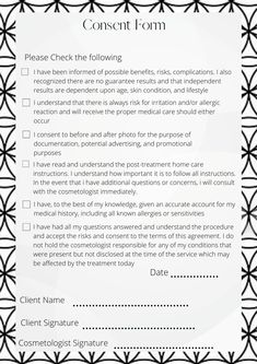 -Easy, simple, consent form for all services - Eyelashes, eyebrows, tinting, waxing, massaging, makeup, etc -Print out to keep track of clients and keep your business safe Digital print only, nothing is mailed to you If you would like your business name added, just message me and I will add it :) Waxing Intake Form, Eyebrows Tinting, Consent Forms For Waxing, Esthetician Facial Consent Form, Esthetician Client Consent Form, Eyelash Extensions Consent Form, Esthetician Business, Esthetician Inspiration, Eyelash Tips