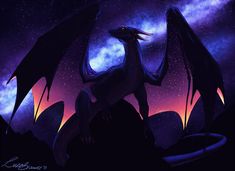 a dragon sitting on top of a rock under a night sky