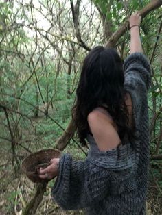 a woman in the woods reaching up into a tree