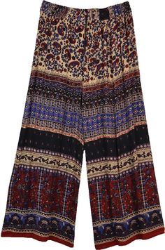 Paisley Print Bohemian Palazzo Pants | Multicoloured | Split-Skirts-Pants, Bohemian Bohemian Printed Bottoms For Fall, Printed Bohemian Bottoms For Fall, Fall Printed Bohemian Bottoms, Fall Bohemian Printed Bottoms, Bohemian Patterned Pants For Spring, Bohemian Blue Pants For Fall, Bohemian Wide Leg Pants For Fall, Bohemian Ankle-length Pants For Fall, Wide Leg Pants With Elastic Waistband For Festivals