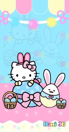 the hello kitty wallpaper has an easter bunny sitting next to a basket with an egg in it