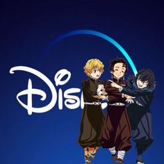 three anime characters holding onto each other in front of a blue background with the disney logo