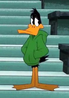 a cartoon duck wearing a green jacket and standing in front of stairs with his hand on his hip