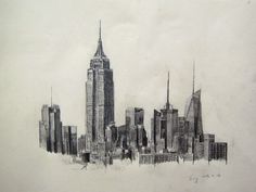 a drawing of a cityscape with skyscrapers in the foreground and buildings on the far side