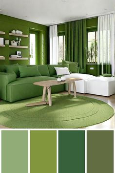 a living room with green walls and furniture in the color scheme, along with white curtains