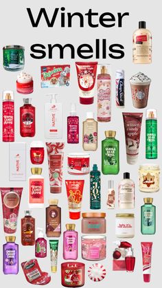 a poster with many different types of skin care products on it and the words winter smells written in black