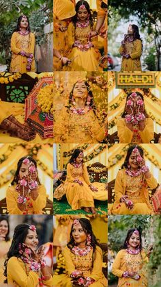 a collage of different pictures of women dressed in yellow and pink outfits, with flowers on