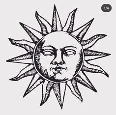 the sun with its face drawn in black ink on a white background, vintage style