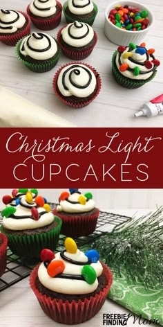 christmas light cupcakes with white frosting and candy on top