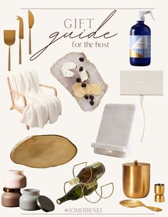 the gift guide for the host is shown with gold accents and white furniture, including an armchair