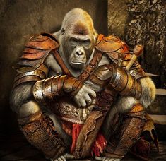 a gorilla dressed in armor sitting on the ground