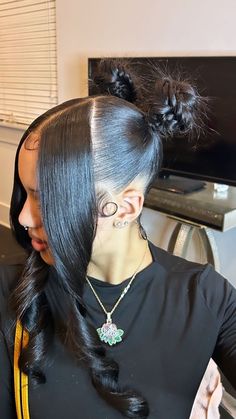 Cute Half Up Half Down Hairstyles Black, Ideas For Ponytails, Quick Ponytail Hairstyles Weave, Birthday Hair Styles Ponytails, 3 Part Hairstyles, Two Buns And Hair Down, Ponytail Hairstyles With Fishtail, Cheap Ponytail Hairstyles, Swoop With Weave