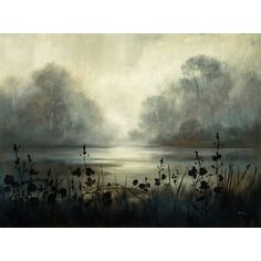 an oil painting on canvas of a lake with trees in the background and foggy sky