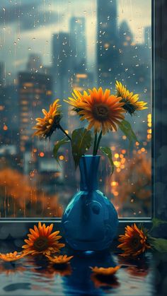 sunflowers in a blue vase on a rainy window sill