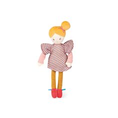 a small doll with blonde hair wearing a pink dress and red shoes on a white background