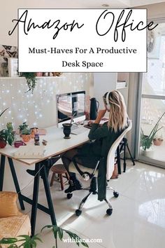 a woman sitting at a desk in front of a computer with the words, amazon office must - haves for a production desk space