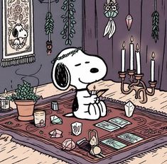 a cartoon dog sitting on top of a rug next to a potted plant and candles