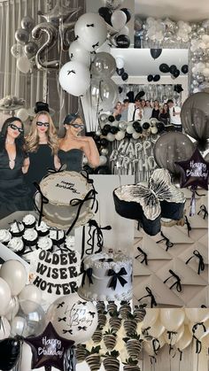 a collage of black and white photos with balloons, hats, and other items