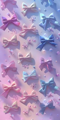 many different colored bows on a pink and blue background with water droplets in the air