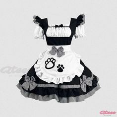 Qteee - Refined Lolita Dress with Cosplay Maid Cat Paw Design Kawaii Short Sleeve Costume Party Dress, Kawaii Short Sleeve Dress For Costume Party, Cute Fitted Cosplay Dresses, Kawaii Costume Dress, Kawaii Fitted Costume Dress, Kawaii Black Anime Print Costume, Cat Cafe Uniform, Cute Ruffled Cosplay Costume, Cute Ruffled Costume For Cosplay