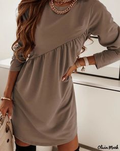 OliviaMark - Elegant Long Sleeve Dress in a Chic Solid Color, with a Unique Design Trendy Tunic, Puff Long Sleeves, Neck Bodycon Dress, Autumn Dress, Round Neck Dresses, Womens Black Dress, Mini Shift Dress, Long Sleeve Mini, Festival Outfit