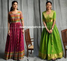 handloom floor length anarkalis by bhargavi kunam Bhargavi Kunam, Traditional Anarkali, Anarkali Designs, Simple Frock Design, Frock Fashion, Sari Dress